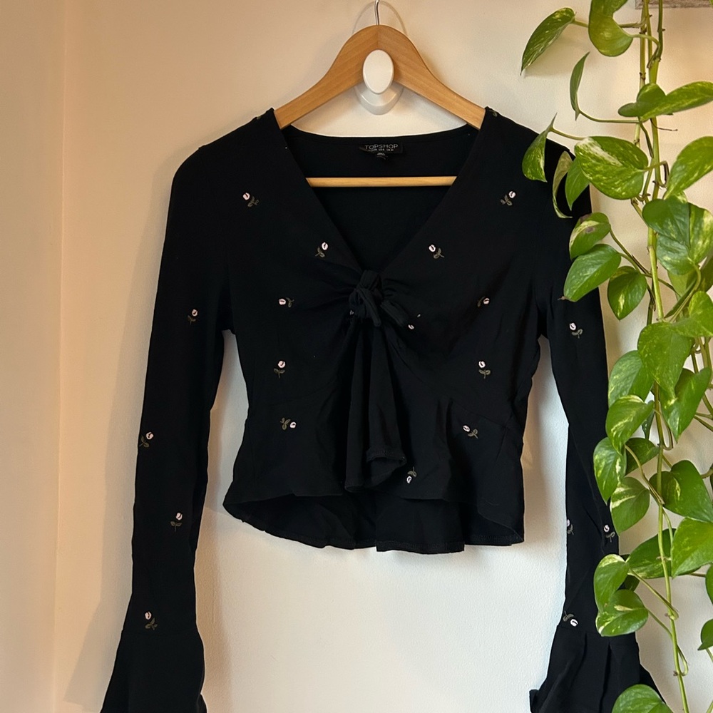 Topshop Black Long-Sleeve Top with Floral Embroidery